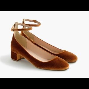 JCrew velvet amber-gold shoes.